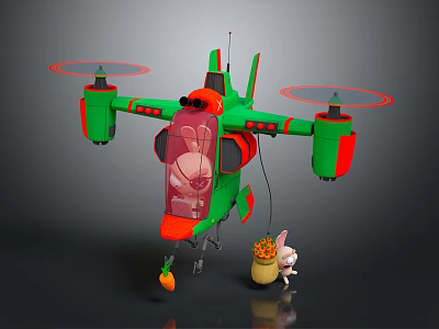 Green and Red Helicopter with Rotors Carrying Carrot Basket and Small Rabbit 3d model