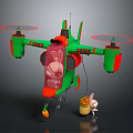 Green and Red Helicopter with Rotors Carrying Carrot Basket and Small Rabbit