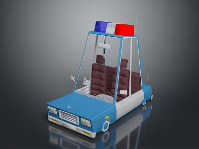 Blue Police Car Model With Red And Blue Emergency Lights Transparent Windshield And Brown Seats 3d model