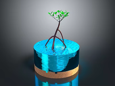 Small Green Tree Growing In Blue Water Container With Brown Base 3d model