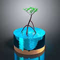 Small Green Tree Growing In Blue Water Container With Brown Base