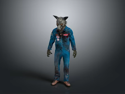 Person In Blue Jumpsuit With Wolf Head Mask And Yellow Eyes Horror Costume 3d model