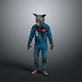 Person In Blue Jumpsuit With Wolf Head Mask And Yellow Eyes Horror Costume