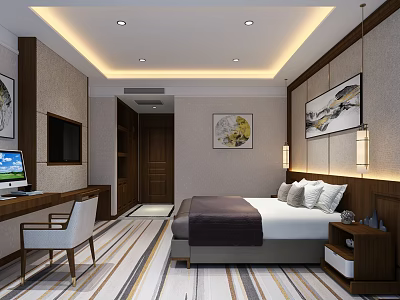 Modern Hotel Guest Room With King Bed White Pillows Desk And Decorative Paintings 3d model