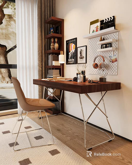 Wooden Desk with Metal X Frame Brown Chair Table Lamp Headphones and Pegboard Wall Decorations 3d model 