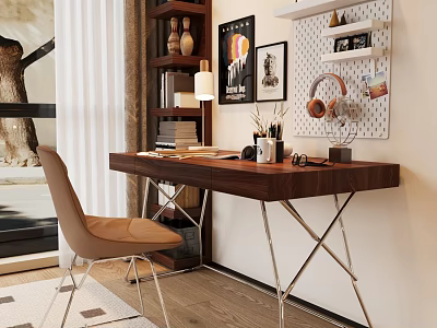 Wooden Desk with Metal X Frame Brown Chair Table Lamp Headphones and Pegboard Wall Decorations 3d model