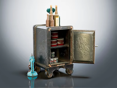Dark Wheeled Entryway Side Cabinet With Open Door And Interior Storage Jars 3d model