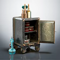 Dark Wheeled Entryway Side Cabinet With Open Door And Interior Storage Jars