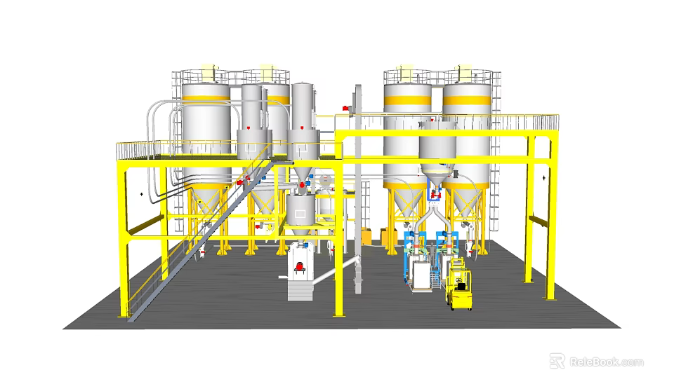 Industrial Equipment Setup With Large Storage Tanks Yellow Metal Framework And Pipes 3d model 