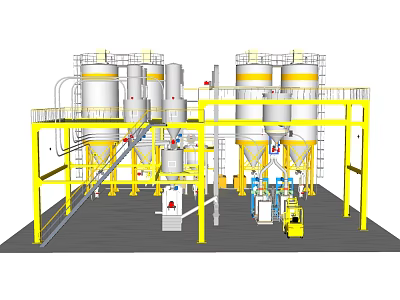 Industrial Equipment Setup With Large Storage Tanks Yellow Metal Framework And Pipes 3d model