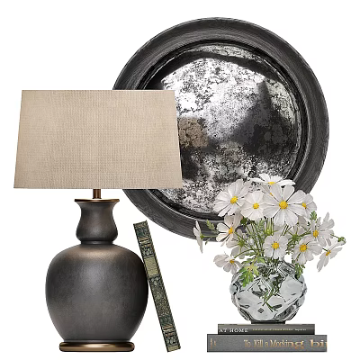 Decorative Ornament Set Including Table Lamp Decorative Mirror and Vase with White Daisies 3d model