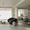 Modern Open Plan Living And Dining Room Interior Design With Cozy Sofas And Warm Lighting