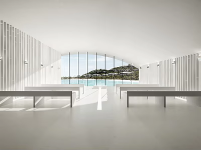 Modern Interior Space With White Vertical Slat Walls Large Glass Windows And Mountain Water View 3d model