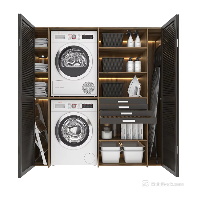 Modern Open Laundry Room With Stacked Washer Dryer Dark Cabinets And Storage Bins 3d model 