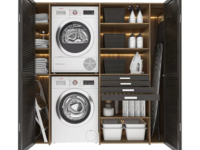 Modern Open Laundry Room With Stacked Washer Dryer Dark Cabinets And Storage Bins 3d model