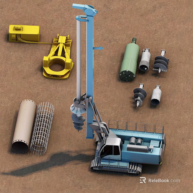 Industrial Equipment Including Drilling Machine Yellow Components Green Tanks Spiral Parts Pipes And Metal Mesh 3d model 