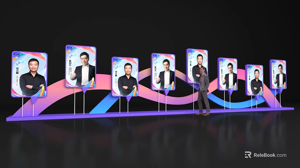 Popular Photo Op Spot With Multiple Portrait Standees And Colorful Wave Decorations 3d model 