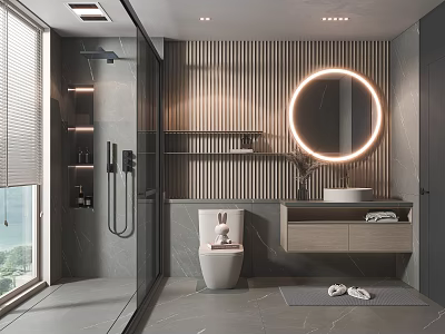 Modern Bathroom Interior With Circular Illuminated Mirror Wooden Slat Wall Vanity And Shower Area 3d model