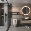 Modern Bathroom Interior With Circular Illuminated Mirror Wooden Slat Wall Vanity And Shower Area