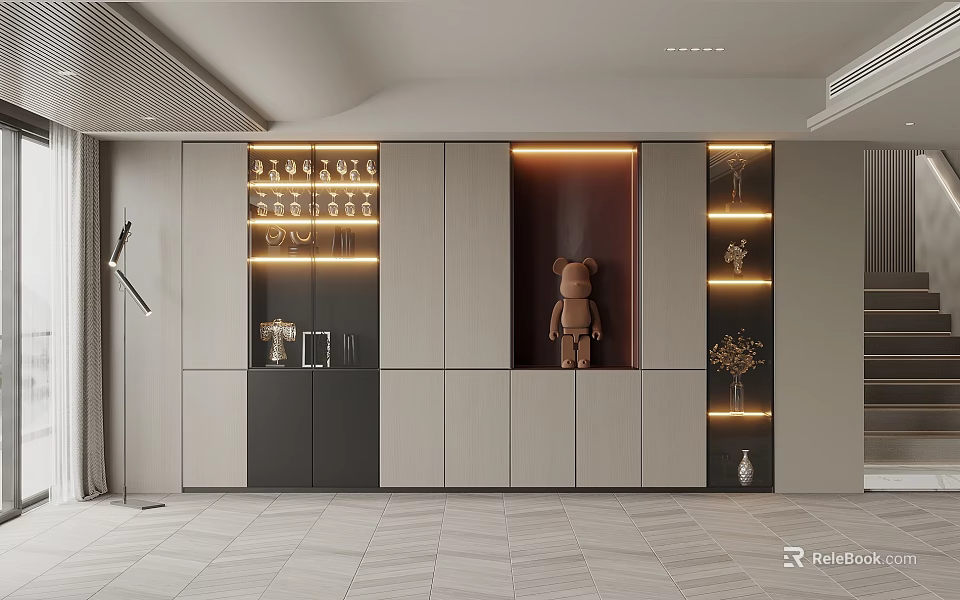 Modern Built in Wine Cabinet With LED Lighting Glass Shelves And Decorations 3d model 