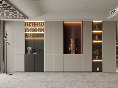 Modern Built in Wine Cabinet With LED Lighting Glass Shelves And Decorations 3d model