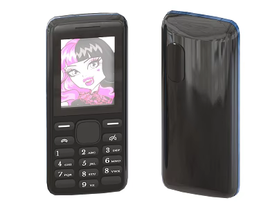 Feature Phone with Black Design Keypad Screen Blue Edge and Cartoon Character 3d model