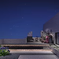 Starry Night Garden With Yellow Tree Diverse Plants Stone Pavement And Modern Building