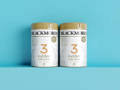 Blackmores Toddler Formula Stage 3 In White Cans With Gold Lids On Blue Background 3d model