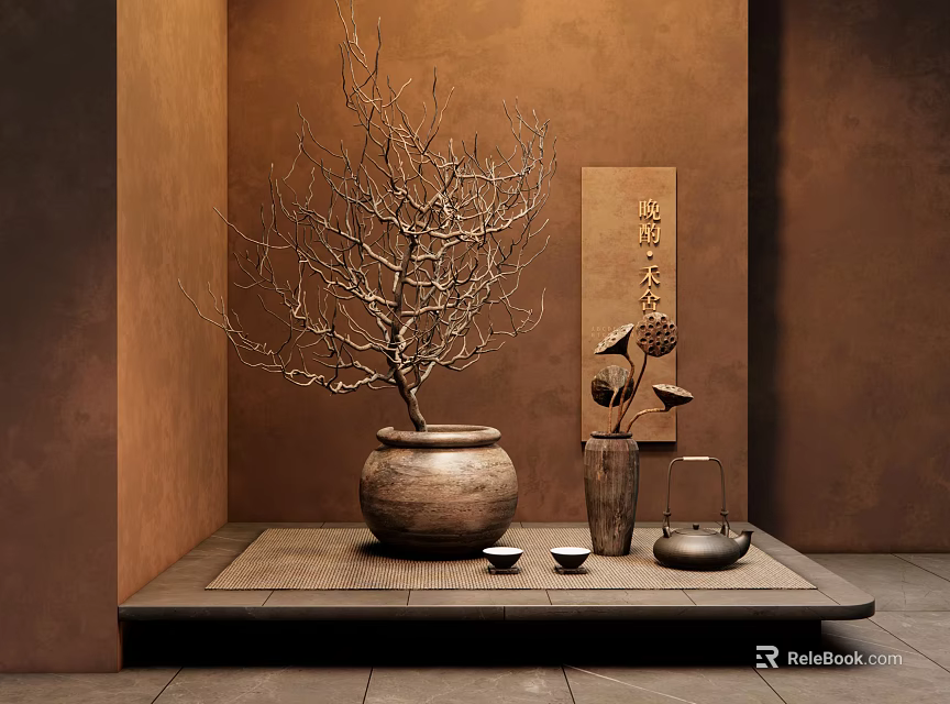 Zen Inspired Decorative Ornament Set With Bare Branches Clay Pot Lotus Panel And Tea Set 3d model 