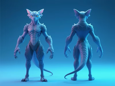 Blue Muscular Creature 3D Model With Tail Front And Back View Design 3d model
