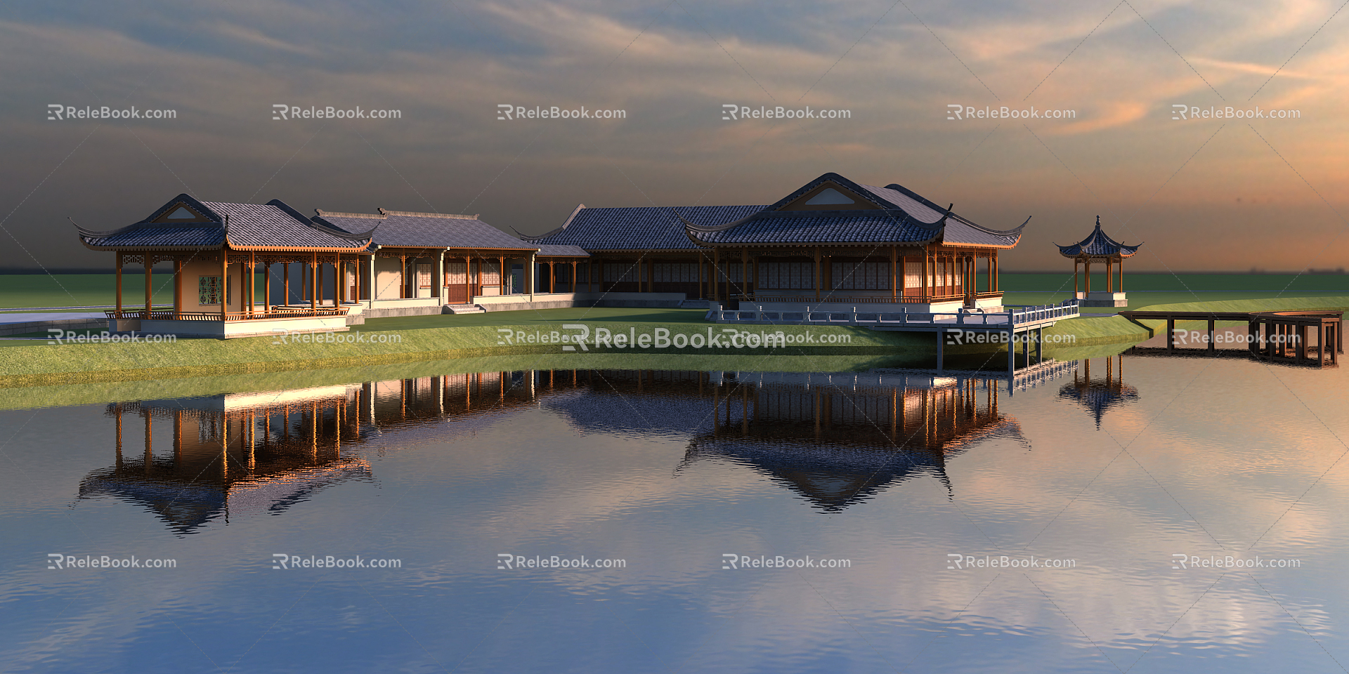 Chinese ancient building along the river landscape architecture wharf 3d model