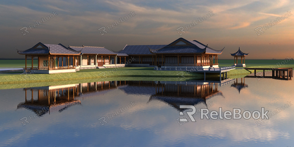 Chinese ancient building along the river landscape architecture wharf model