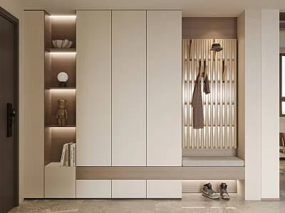 Modern Shoe Cabinet Interior Design With Storage Bench Hanging Hooks Built-in Lights Shoes Underneath 3d model
