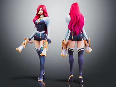 Fictional Character With Pink Long Hair Blue And White Outfit Front Back Views Holding Weapons 3d model