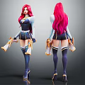 Fictional Character With Pink Long Hair Blue And White Outfit Front Back Views Holding Weapons