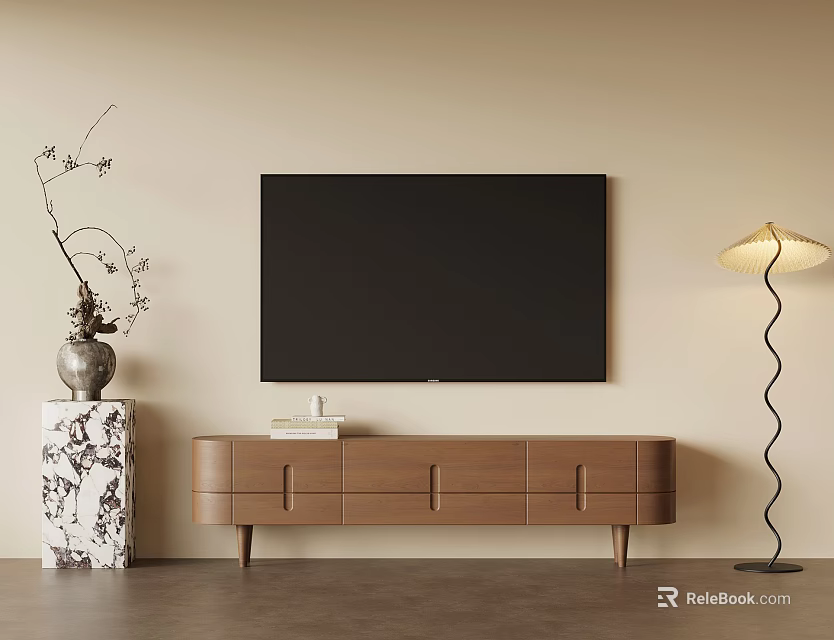 Wooden Brown TV Stand Interior With Black TV Floor Lamp Decorative Vase And Beige Wall 3d model 
