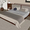 Cozy Modern Bedroom Interior With Double Bed Wooden Headboard Soft Rug And Potted Plant