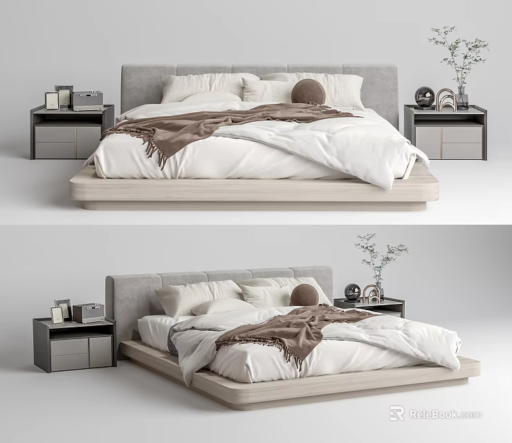 Modern Double Bed Interior With White Bedding Brown Blanket And Nightstands 3d model