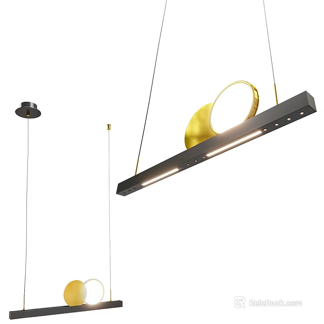 Modern Linear Chandelier With Gold Ring Design And Black Metal Illuminated Frame 3d model 