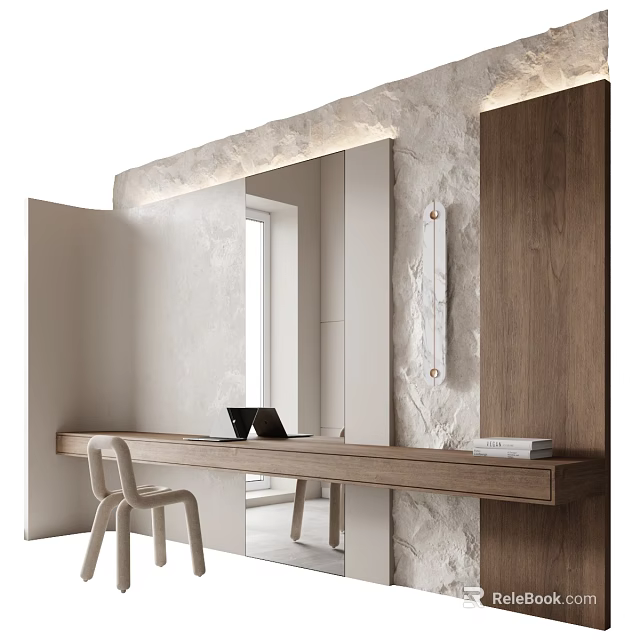Modern Wooden Desk Interior With Chair Mirror Stone Wall Laptop And Books 3d model 