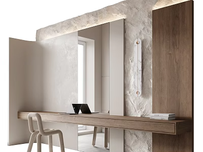 Modern Wooden Desk Interior With Chair Mirror Stone Wall Laptop And Books 3d model