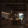 Hotel Public Lounge Area With Wooden Ceiling Stone Wall And Mountain View Through Large Windows