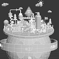 Colorful Cartoon Scene On Circular Platform With Slide Trees House Green Bottle Clouds Sun