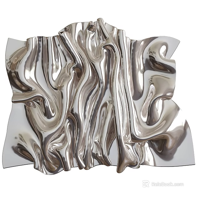 Modern Silver Metallic Wall Decor With Flowing Curved Lines And Shiny Surface 3d model 