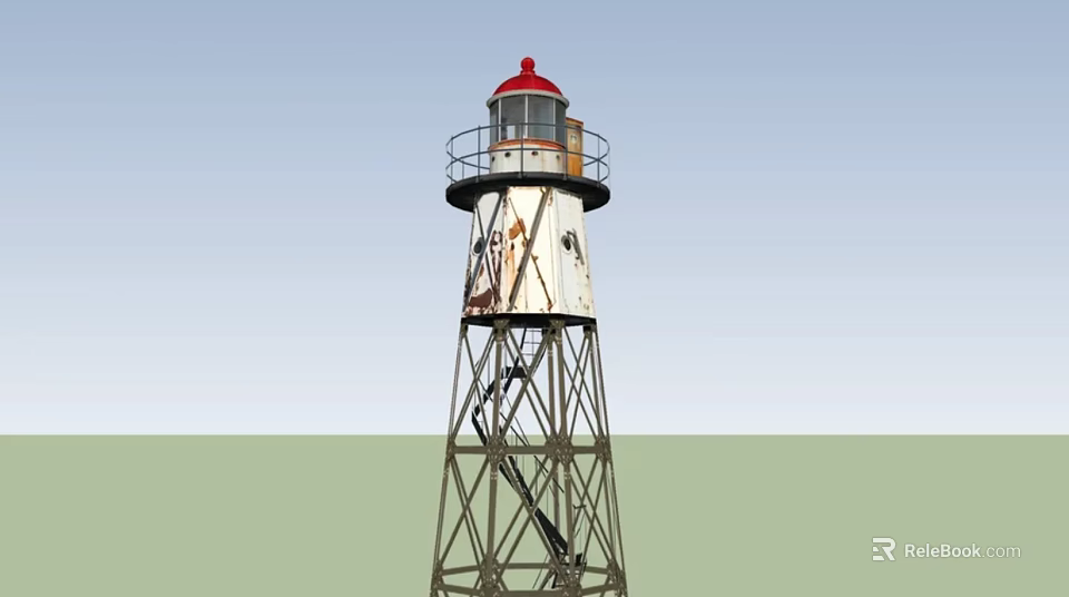 Tall Lighthouse With Red Top White Body And Metal Staircase Structure 3d model 