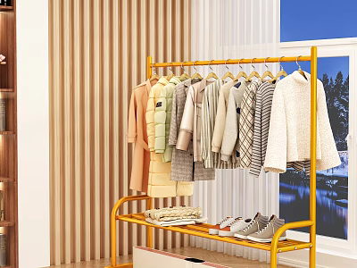 Yellow Metal Clothing Rack with Hanging Folded Clothes and Shoes in Indoor Setting with Window 3d model