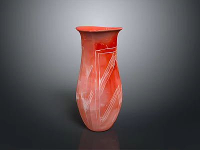 Artistic Sculptural Carving On Red Vase With Intricate White Lines 3d model
