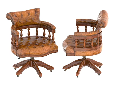 Vintage Leather Office Chairs With Wooden Armrests And Caster Base Design 3d model