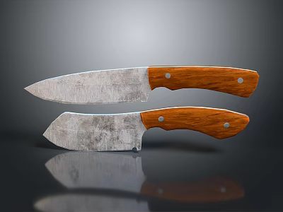 Kitchen Knives With Wooden Handles And Worn Metal Blades On Dark Surface With Reflections 3d model