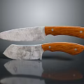 Kitchen Knives With Wooden Handles And Worn Metal Blades On Dark Surface With Reflections